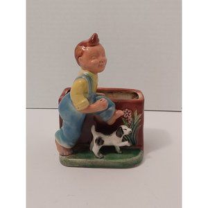 Vintage little boy with dog planter, vintage kitschy vase, kitsch planter